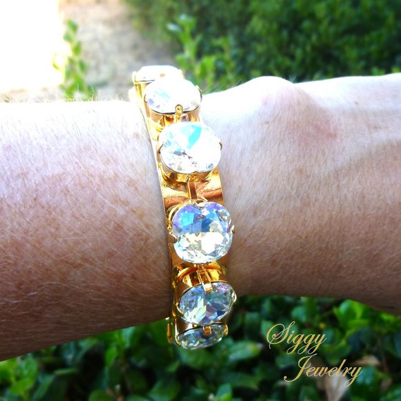 Gold Plated Athena Cuff Bracelet, 12mm Cushion Cut Crystal Moonlight Crystals - Picture 7 of 7